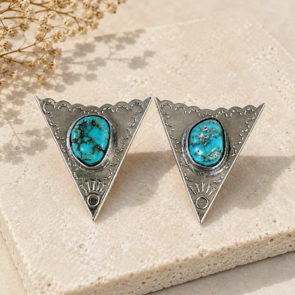 Vintage Navajo Turquoise Sterling Silver Collar Tips Western Shirt